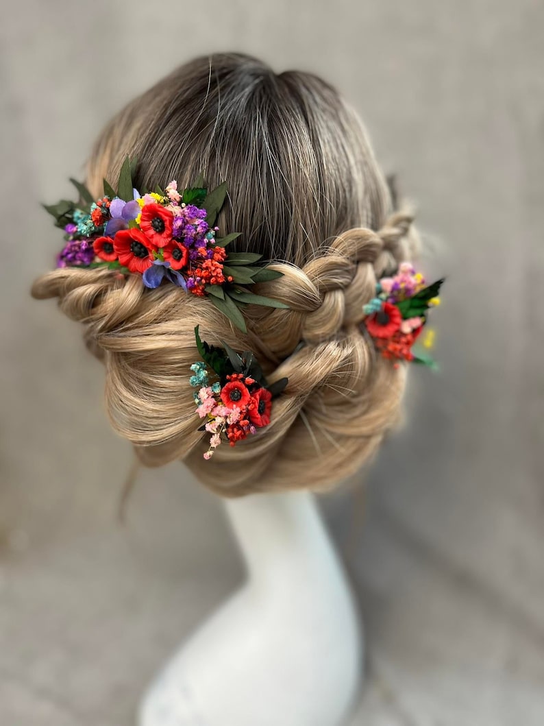 Small folk wedding flower comb Bride to be Poppy flowers bridal comb Slavic wedding Wedding accessories Hair flowers Magaela Colourful comb zdjęcie 8