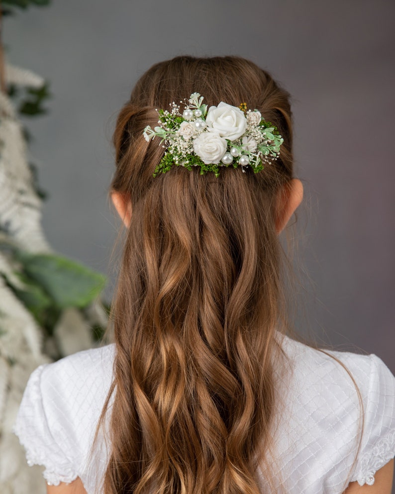 First holy communion clip with roses and pearls Flower hair comb Barrette flower clip Flower girl Bridal accessories White flower headpiece image 1