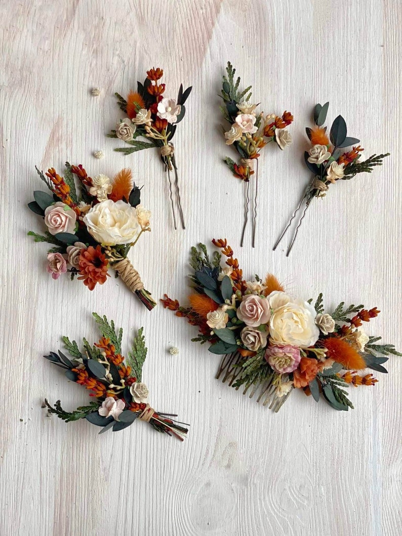 Terracotta autumn flower wedding set Bridal hair comb Burnt orange wedding hairpins Boutonniere for groom Cinnamon boutonniere Magaela image 1