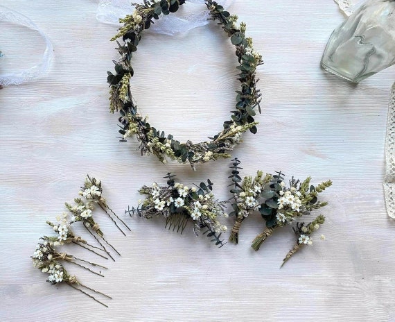 Xinnun 2 piezas de corona de flores de hoja verde para niñas de flores,  accesorios para el cabello de boda, eucalipto para novia, niña, linda  corona