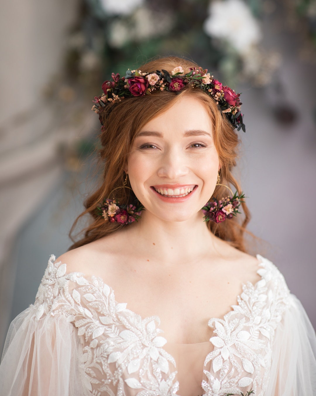 Burgundy Flower Half Wreath Wedding Half Crown Wedding Jewellery Dark