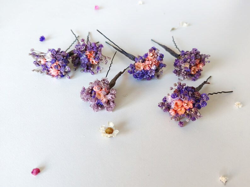 Purple flowers dried hairpins Lilac and pink baby's breath flower clips Romantic violet wedding Bridal flower hair pins Bridal hair Magaela image 4