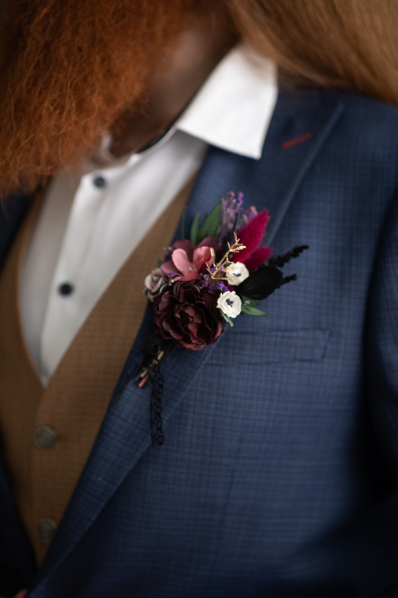 Burgundy Flower Boutonniere: Dark Gothic Wedding Groom Accessory image 4