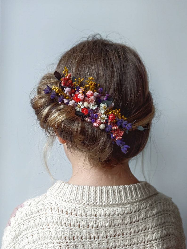 Colorful bridal comb Wild flowers Meadow flowers Summer wedding Preserved flower hair comb Bridal hair accessory Rustic wedding Flower hair zdjęcie 10