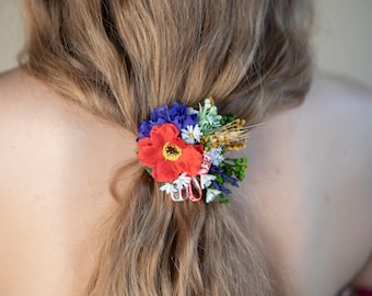 Folk wedding hair tie Flower girl hair tie Poppy hair flowers Folk hair accessories Bride to be Back to school hair bobble Meadow hair tie