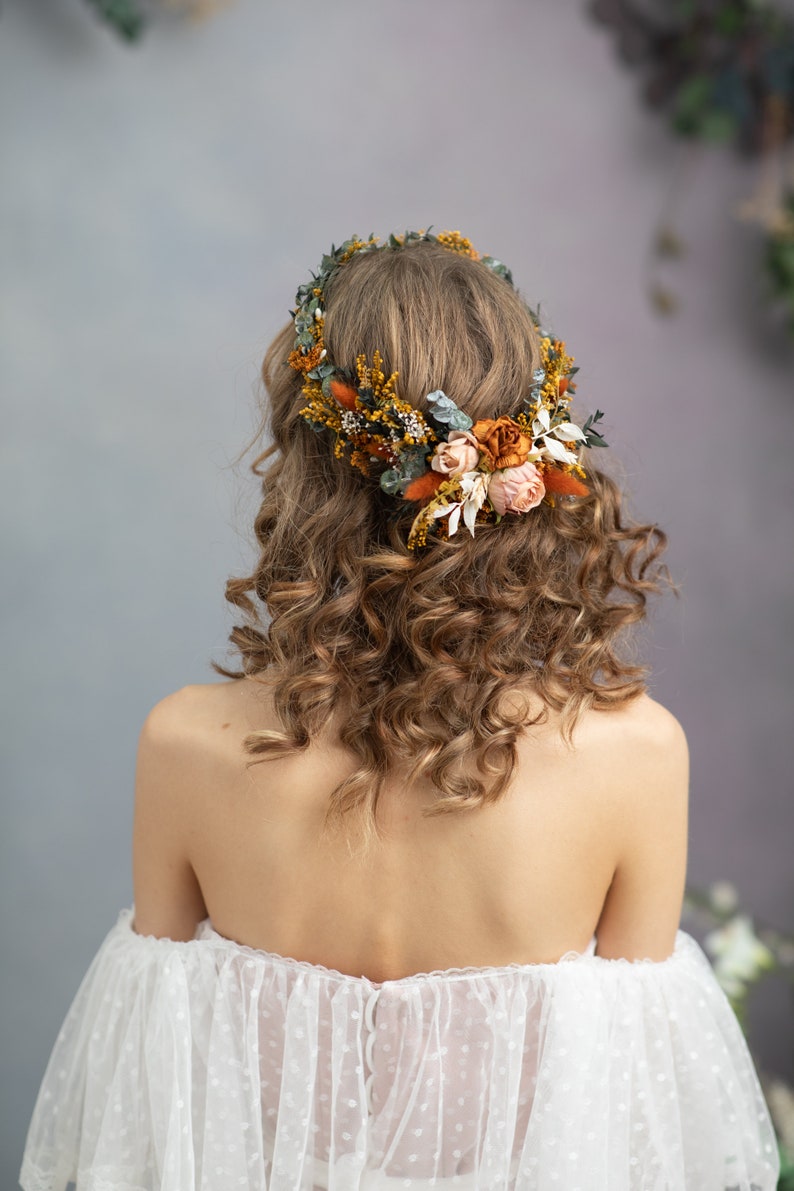 Boho wedding headpiece Bohemian flower crown Terraccota wedding Hair wreath with hair comb Summer wedding Autumn wedding Cottagecore Magaela image 9