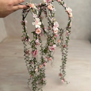 Blush flower wedding wreath with vines Bridal crown Boho wedding hair flowers Bridal hairstyles Magaela Bride to be Long hanging vines image 9