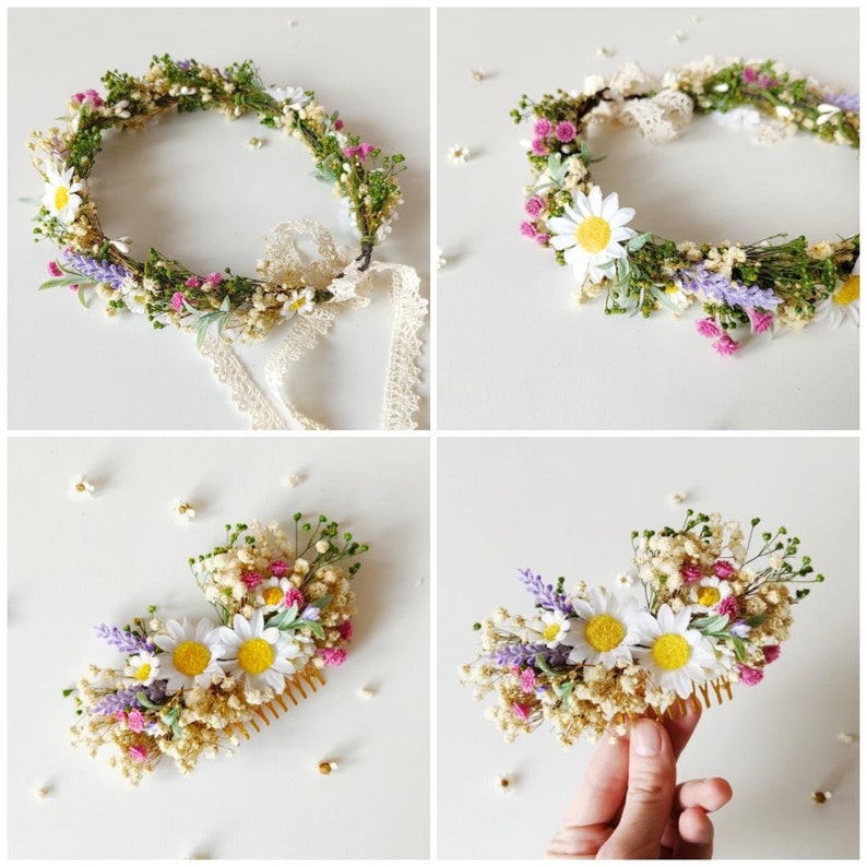 Meadow spring hair crown Bridal flower hair wreath Daisy flower headpiece Wildflowers headband lavender Summer Bridal accessories Magaela Hair comb