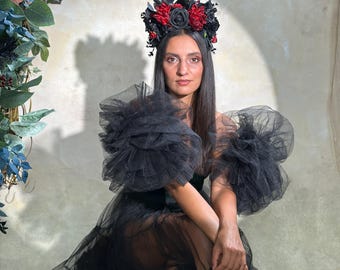Black & Red Frida Flower Headband – Halloween Floral Crown, Statement Boho Headpiece