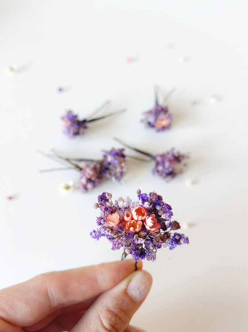 Purple flowers dried hairpins Lilac and pink baby's breath flower clips Romantic violet wedding Bridal flower hair pins Bridal hair Magaela image 10