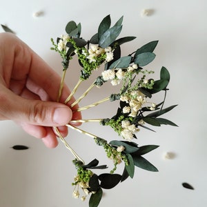 Greenery hairpins Baby's breath eucalyptus hair pins Wedding headpiece Green Bridal pins Bride to be Natural ivory hairpins Customisable image 4