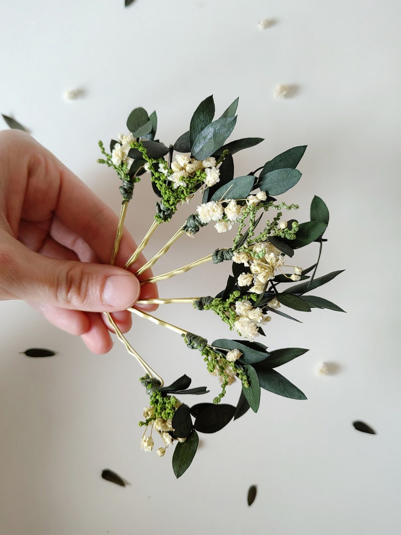 Greenery hairpins Baby's breath eucalyptus hair pins Wedding headpiece Green Bridal pins Bride to be Natural ivory hairpins Customisable image 4