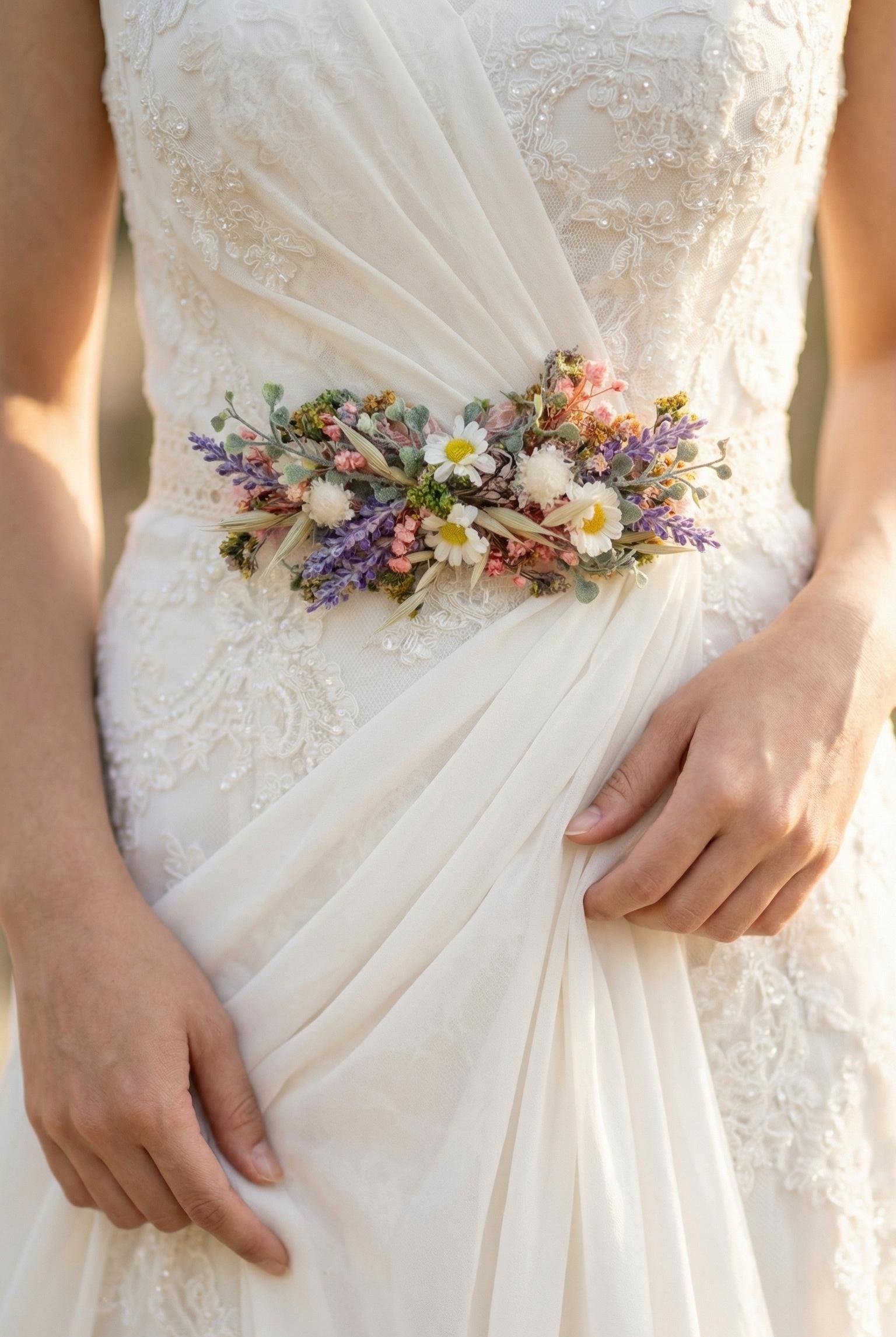 boho wedding dress belt Wildflower Bridal Belt: Daisy Lavender Meadow Flower, royal blue satin maxi CL_inv_8.5250 Beautifully Packaged Color:Cocoa Brown