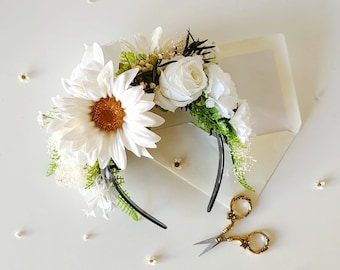 White and cream Frida headband Garden wedding Daisy flowers Big flower crown Double sided headband Flower accessories Bridal flower crown