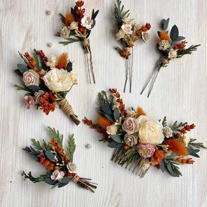 Burnt orange flower hair comb Terracotta wedding headpiece Bunny tails and roses hair comb Autumn flower hair comb Magaela Fall accessories image 6