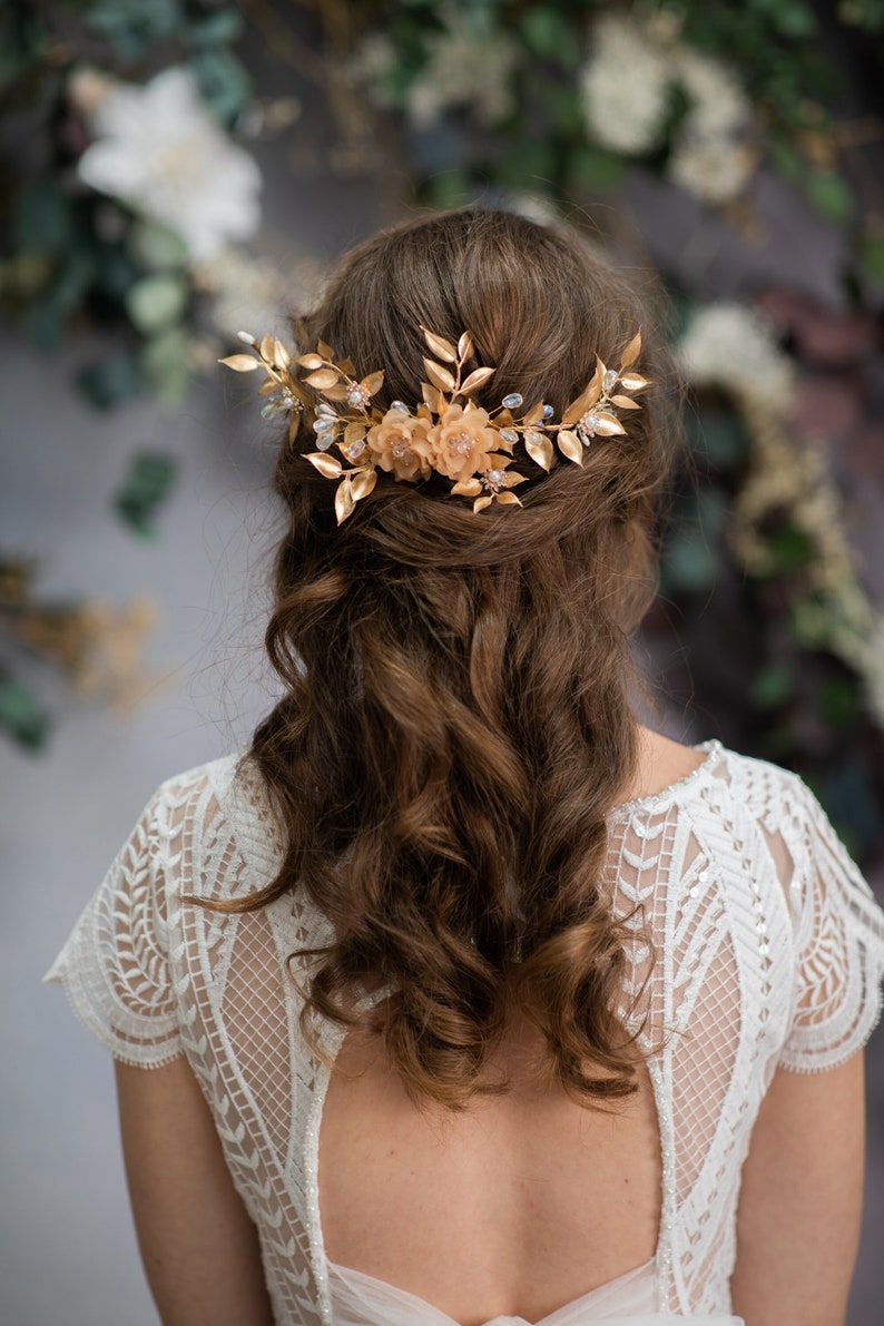 Glamour hair comb Bridal hair comb Vintage hair comb Bridal hair vine Golden bridal hair comb Bridal hair Magaela Cottagecore Bride to be image 1