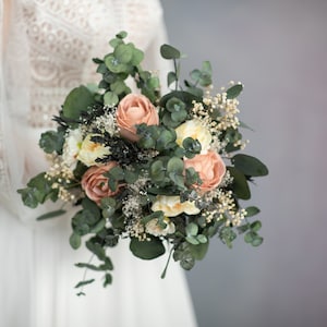 Romantic eucalyptus bridal bouquet Natural preserved eucalyptus bouquet with roses Peach blush and ivory flower bouquet Magaela accessories