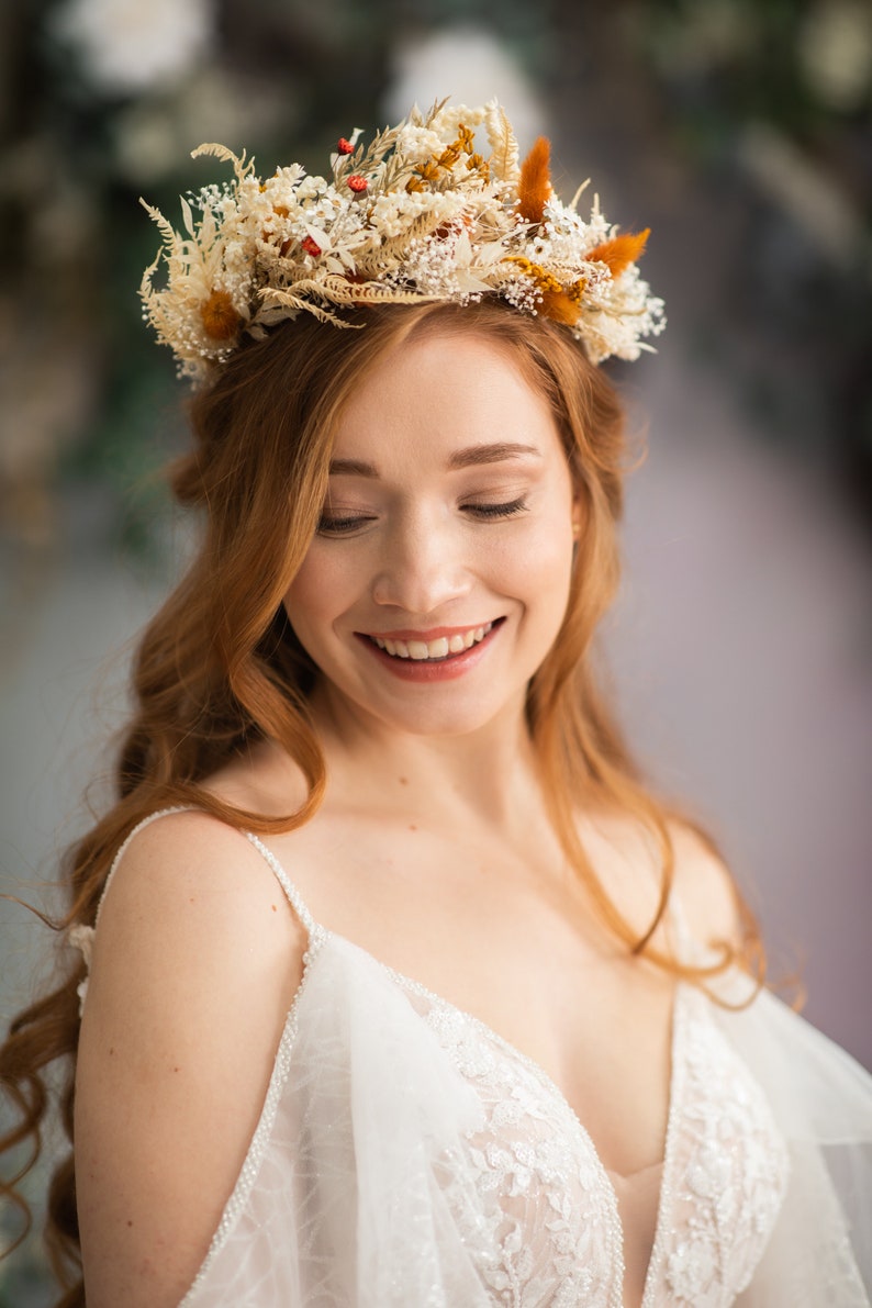 Large boho flower hair crown Dried and preserved wedding hair crown Burnt orange bridal crown Ivory Wedding headband Bride to be Magaela image 2