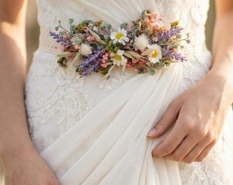 3858 Lavender Wedding Belt For Bride Dress- Dress Plain Bridal Wildflower Bridal Belt: Daisy Lavender Meadow Flower, Boho  main image 3