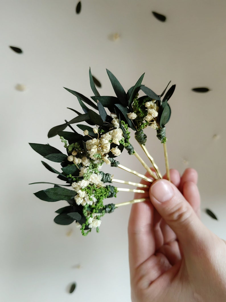 Greenery hairpins Baby's breath eucalyptus hair pins Wedding headpiece Green Bridal pins Bride to be Natural ivory hairpins Customisable image 5