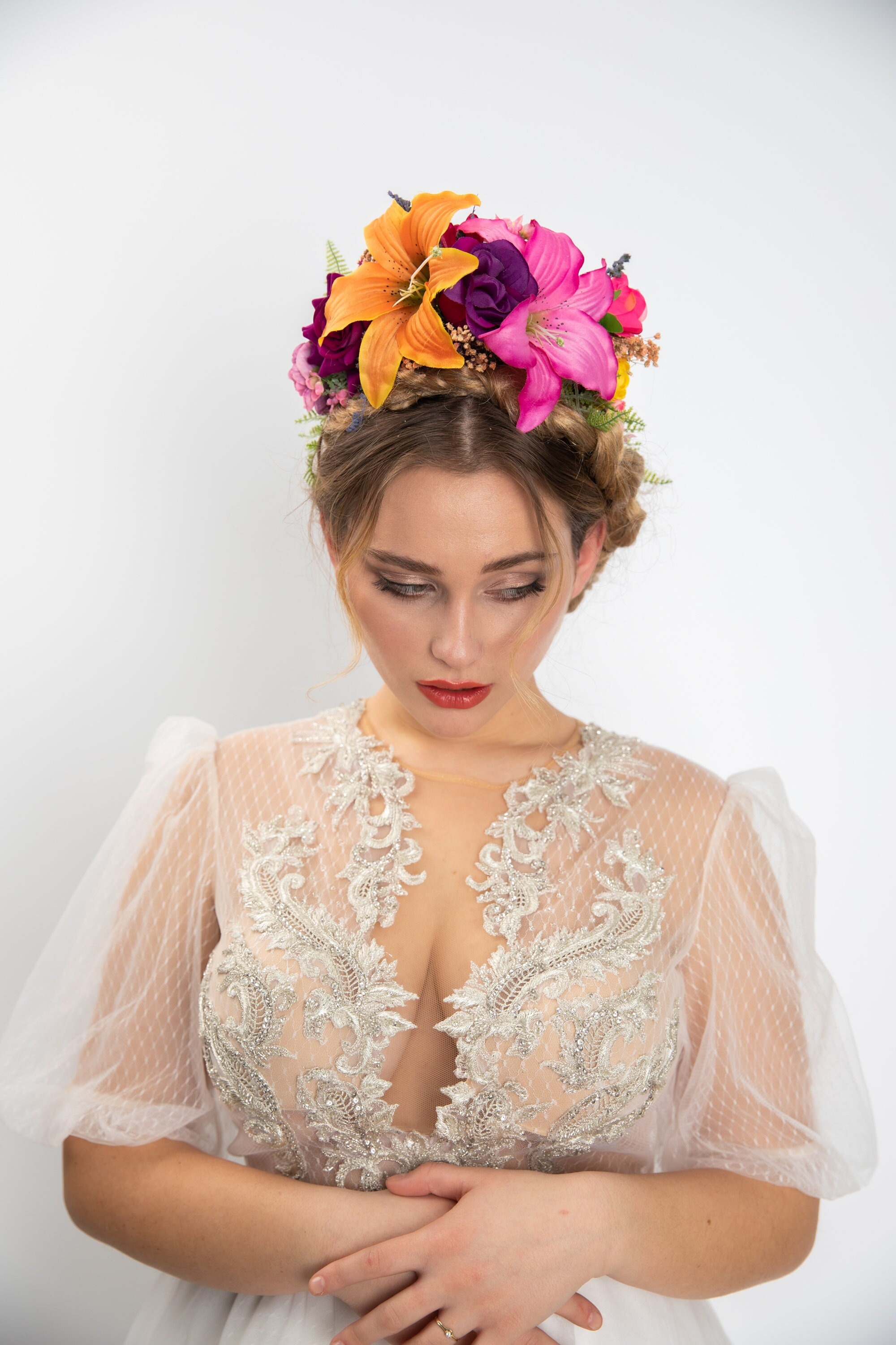 Frida Flower Headband: Lily, Fuchsia, Summer Wedding  display picture 2