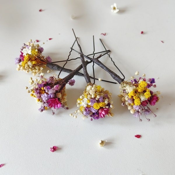 Summer dried flower hairpins Magenta violet yellow hairpins Preserved flowers Bridal hair accessories Natural preserved hairpins Magaela