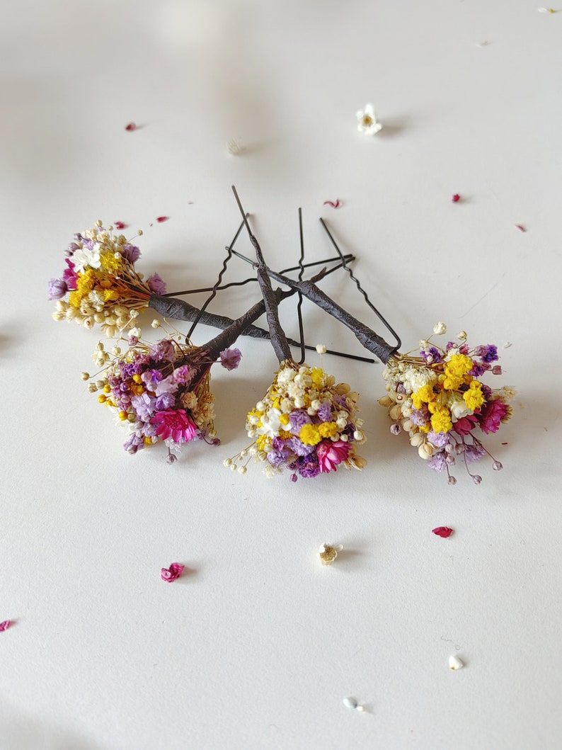 Summer dried flower hairpins Magenta violet yellow hairpins Preserved flowers Bridal hair accessories Natural preserved hairpins Magaela image 1