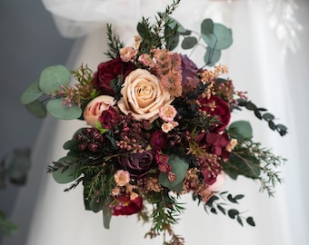 Burgundy eucalyptus flower bouquet Peony and roses bouquet Dark red bridal bouquet Wedding accessories Woodland dark wine wedding Magaela