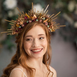 Autumn flower halo crown Sun ray fall halo crown Burgundy pink Spiked wedding crown Met gala headband Golden bridal spike crown Magaela image 2