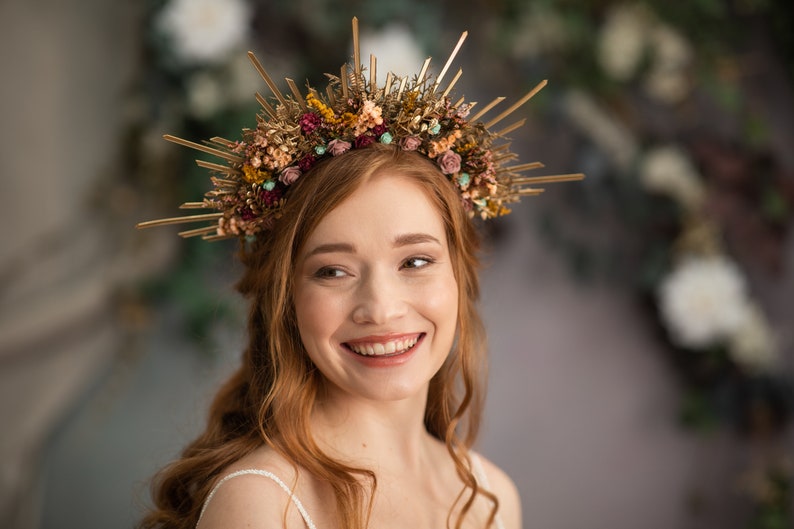 Autumn flower halo crown Sun ray fall halo crown Burgundy pink Spiked wedding crown Met gala headband Golden bridal spike crown Magaela image 2