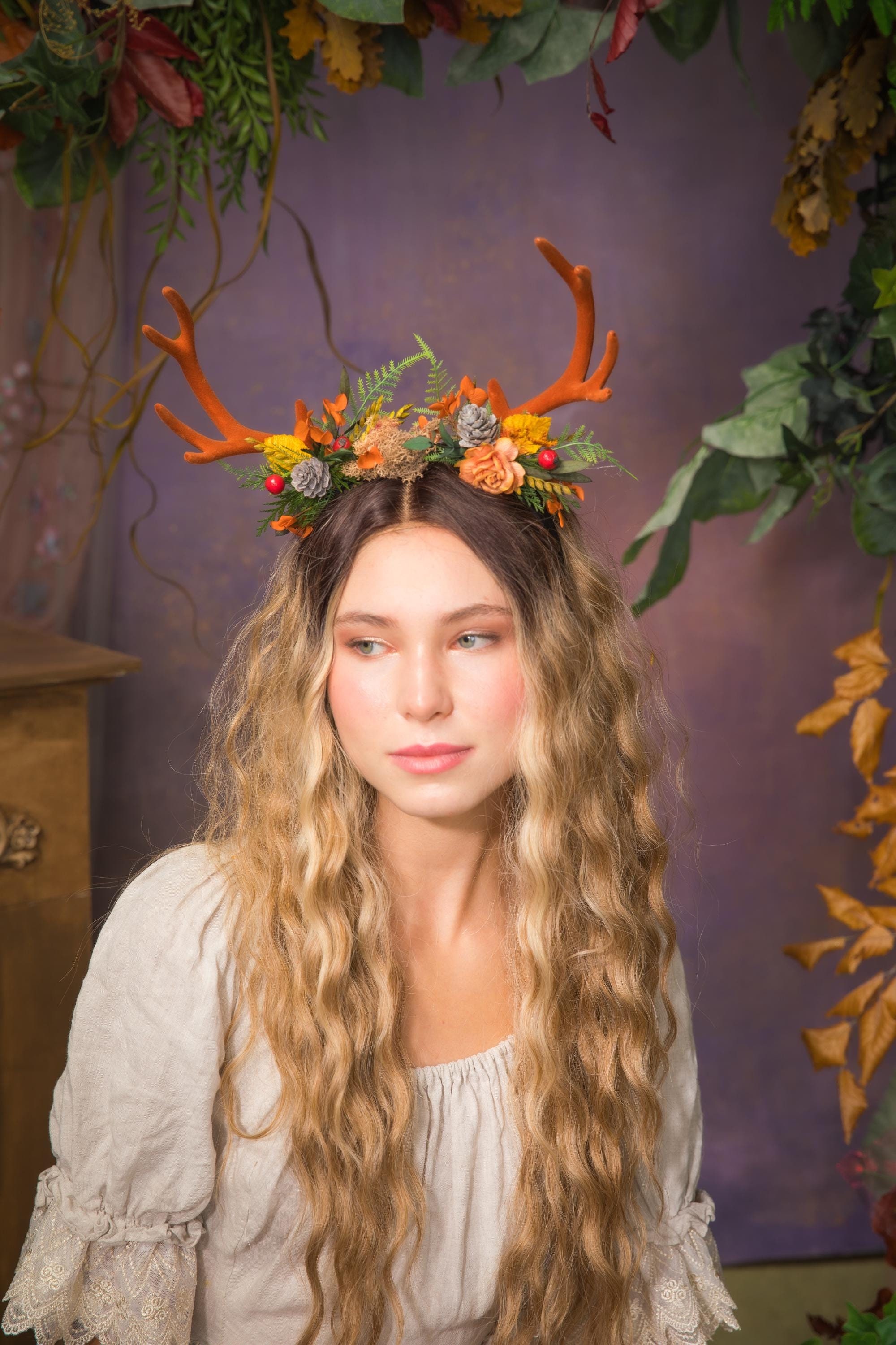 Autumn Antler Crown: Woodland Flower Headband, Pagan  display picture 2