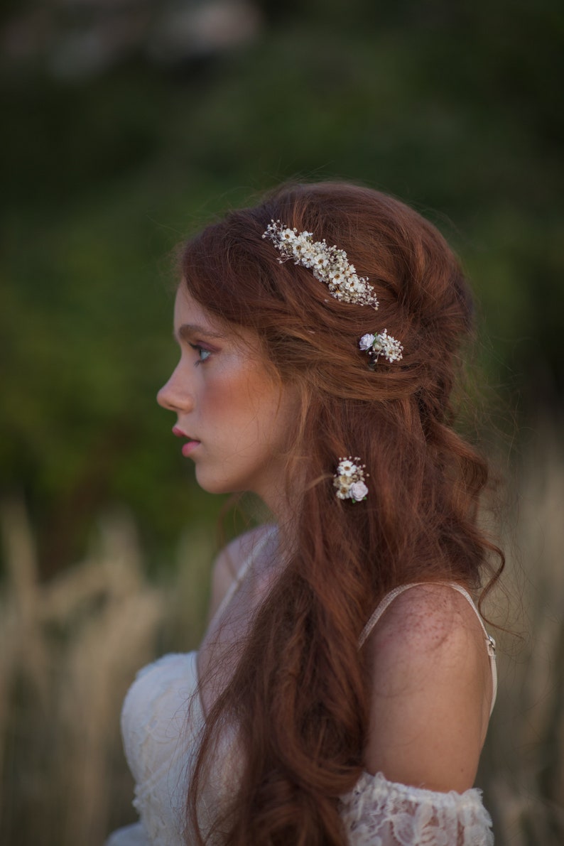 Ensemble de cheveux de fleurs séchées Épingles à cheveux séchées ivoire Épingles à cheveux beiges Mini rose Peigne de mariée naturel Accessoires pour cheveux Coiffure de mariée romantique Magaela image 3