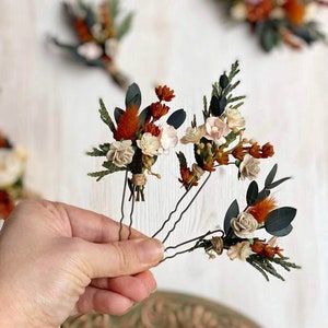 Burnt orange flower hair comb Terracotta wedding headpiece Bunny tails and roses hair comb Autumn flower hair comb Magaela Fall accessories Set of 3 hairpins