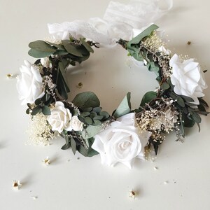 Eucalyptus bridal hair wreath Eucalyptus and white roses crown Greenery wedding Boho flower crown Fairycore Flower boho wreath Bride to be image 3