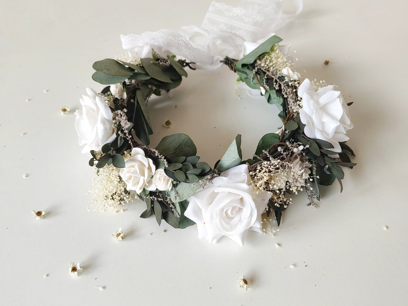 Eucalyptus bridal hair wreath Eucalyptus and white roses crown Greenery wedding Boho flower crown Fairycore Flower boho wreath Bride to be image 3