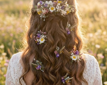 Wildflower-bruidshaarkamset, boho-huwelijkshaaraccessoires, weidemadeliefje haarstukje, rustieke bruidszendspoel