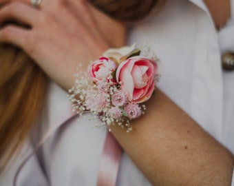 Bracelet romantique blush fleur corsage poignet de mariage Pivoine rose et bracelet ivoire avec ruban Bracelets de demoiselle d’honneur réglables Personnalisable