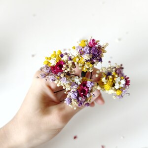 Summer dried flower hairpins Magenta violet yellow hairpins Preserved flowers Bridal hair accessories Natural preserved hairpins Magaela image 6