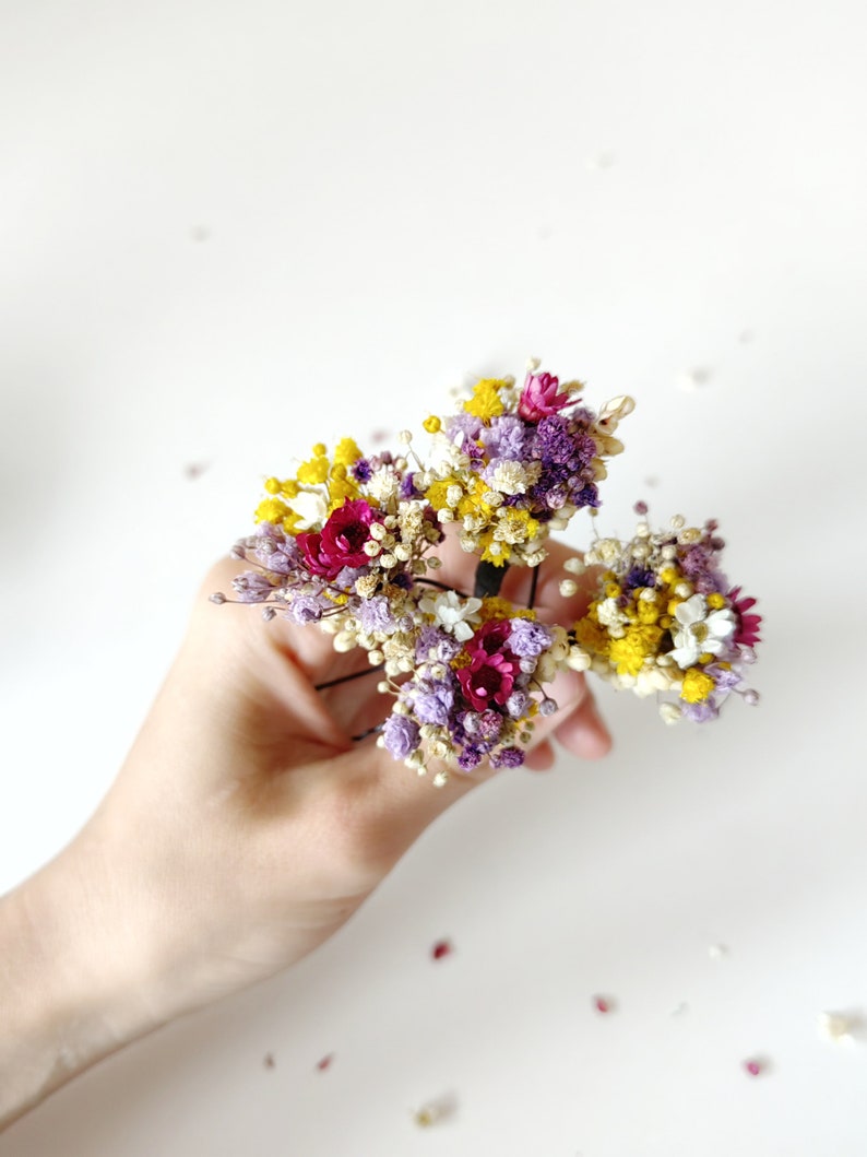 Summer dried flower hairpins Magenta violet yellow hairpins Preserved flowers Bridal hair accessories Natural preserved hairpins Magaela image 6