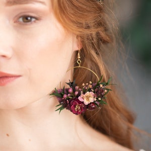 Burgundy Floral Hoop Earrings: Romantic Wedding Jewelry