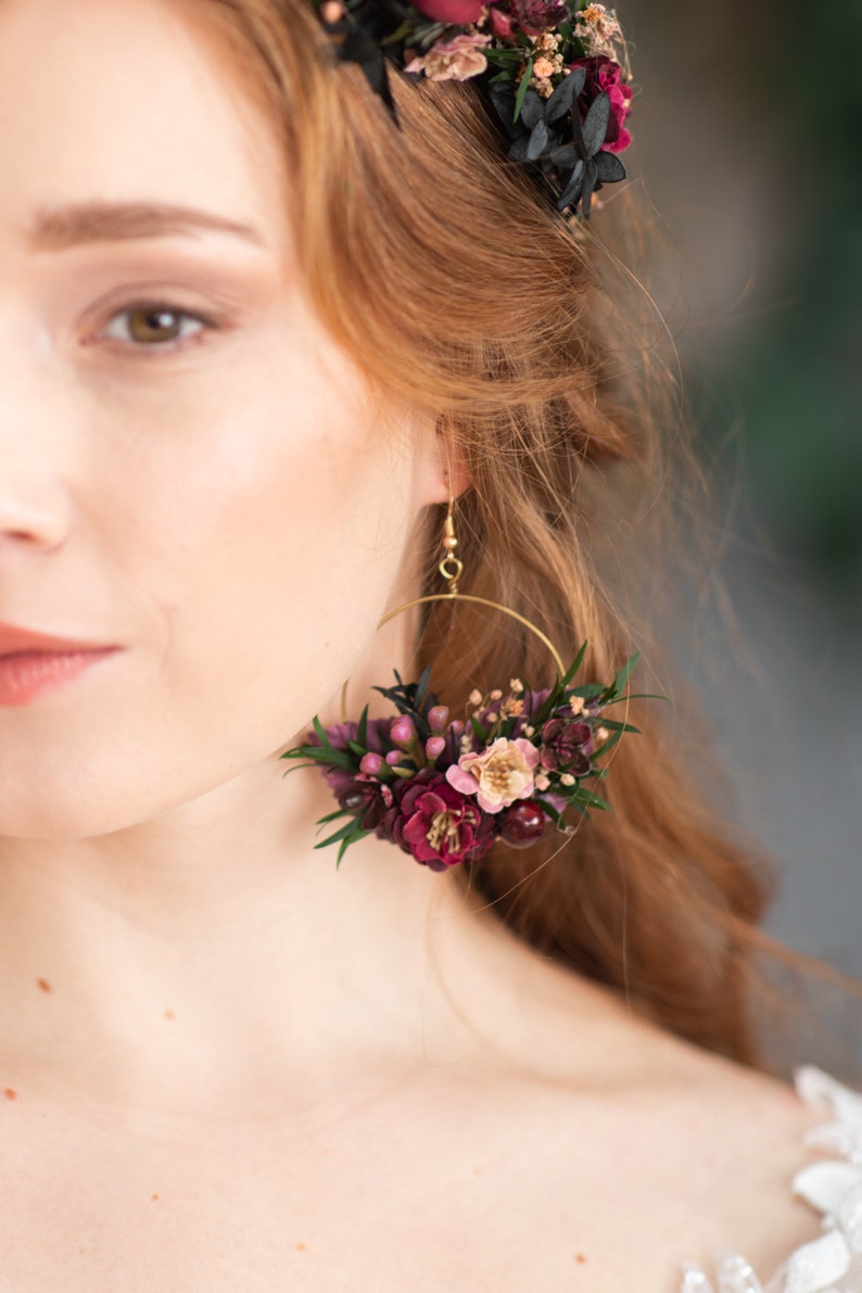 Burgundy circle earrings Romantic wedding earrings Bride to be Hoop earrings Dark pink earrings Magaela accessories Flower jewellery image 1