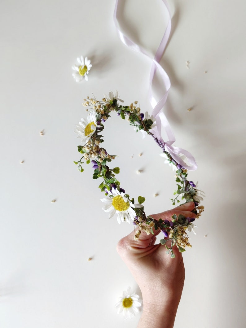 Daisy bridal hair crown Wedding flower wreath Meadow wedding Spring bridal crown Meadowy Summer wedding flower halo Magaela Handmade image 7