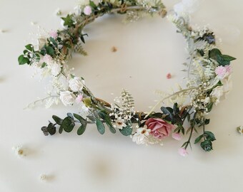 Romantischer Brautkranz Blumen Brautkrone rustikale Hochzeit weiß rosa Rosen Sommerhochzeit Braut Haarkranz Gartenhochzeit Braut