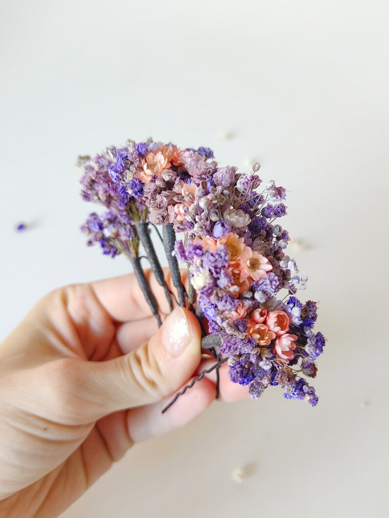 Purple flowers dried hairpins Lilac and pink baby's breath flower clips Romantic violet wedding Bridal flower hair pins Bridal hair Magaela image 8