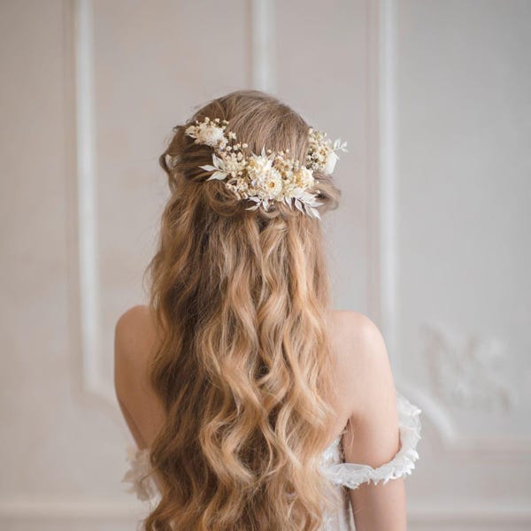 Ivory Preserved Flower Wedding Hair Vine - Bridal Headpiece