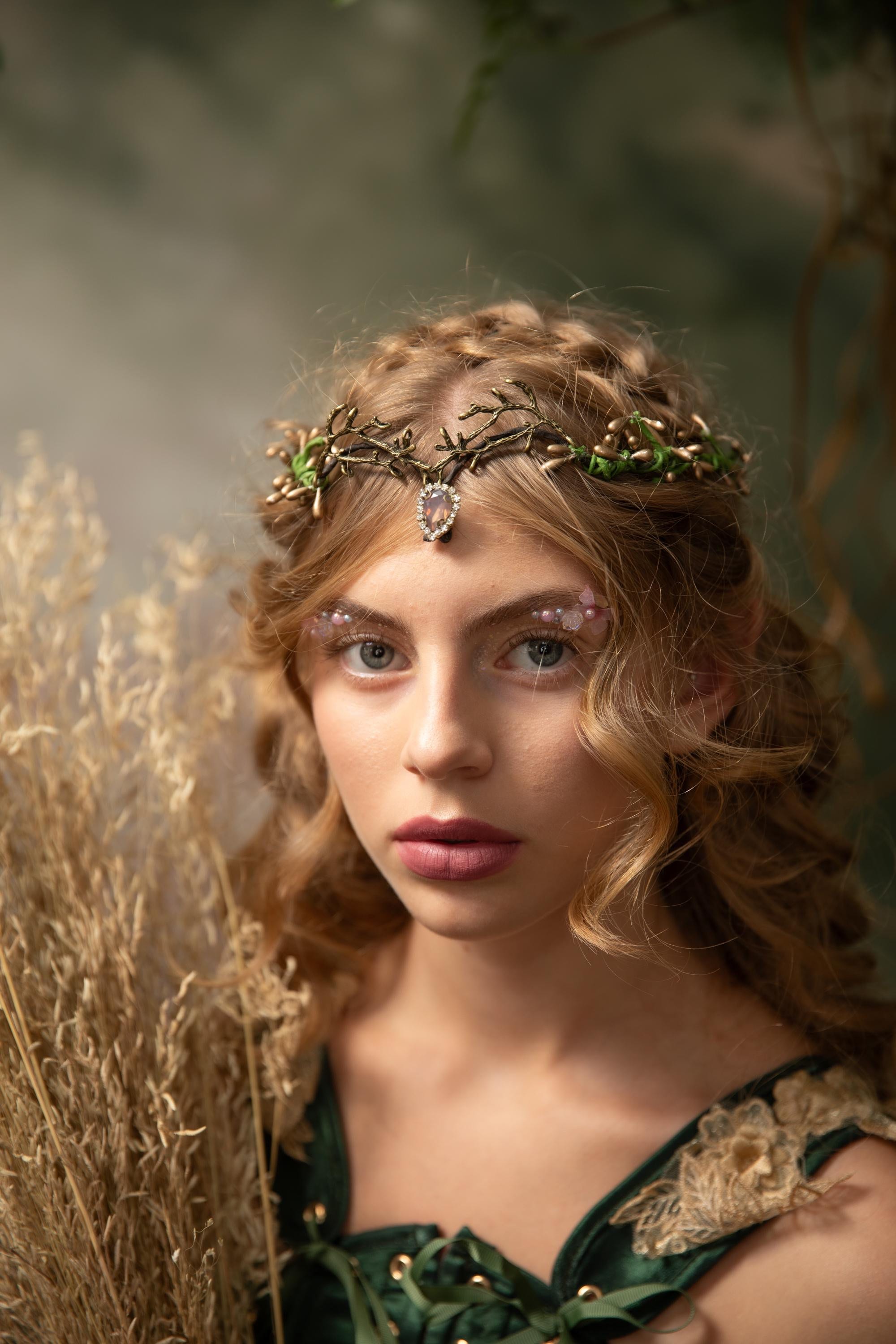 Woodland Wedding Tiara – Green Gold Elven Crown | Fantasy  display picture 2