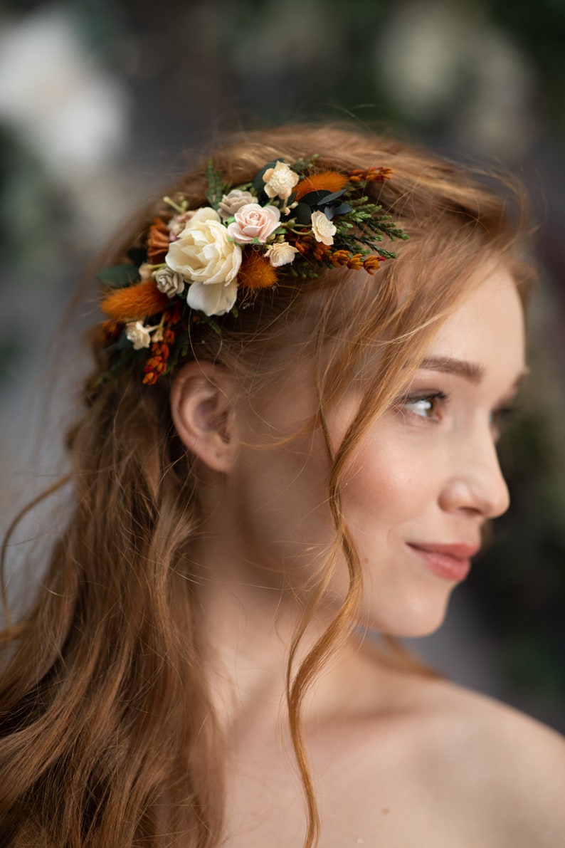 Burnt orange flower hair comb Terracotta wedding headpiece Bunny tails and roses hair comb Autumn flower hair comb Magaela Fall accessories image 3