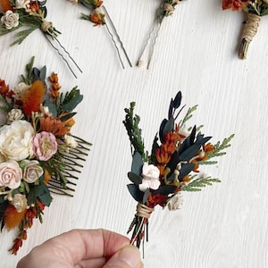 Burnt orange flower hair comb Terracotta wedding headpiece Bunny tails and roses hair comb Autumn flower hair comb Magaela Fall accessories Small boutonniere
