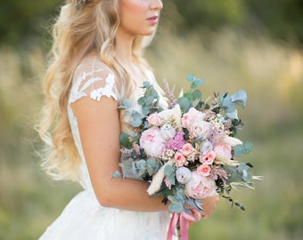 Bouquet de mariée romantique Bouquet d'eucalyptus Bouquets de demoiselle d'honneur Pastel pêche et blush bouquet Rose pivoine bouquet mariage boho bouquet