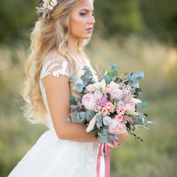 Bouquet de mariée romantique Bouquet d'eucalyptus Bouquets de demoiselle d'honneur Pastel pêche et blush bouquet Rose pivoine bouquet mariage boho bouquet